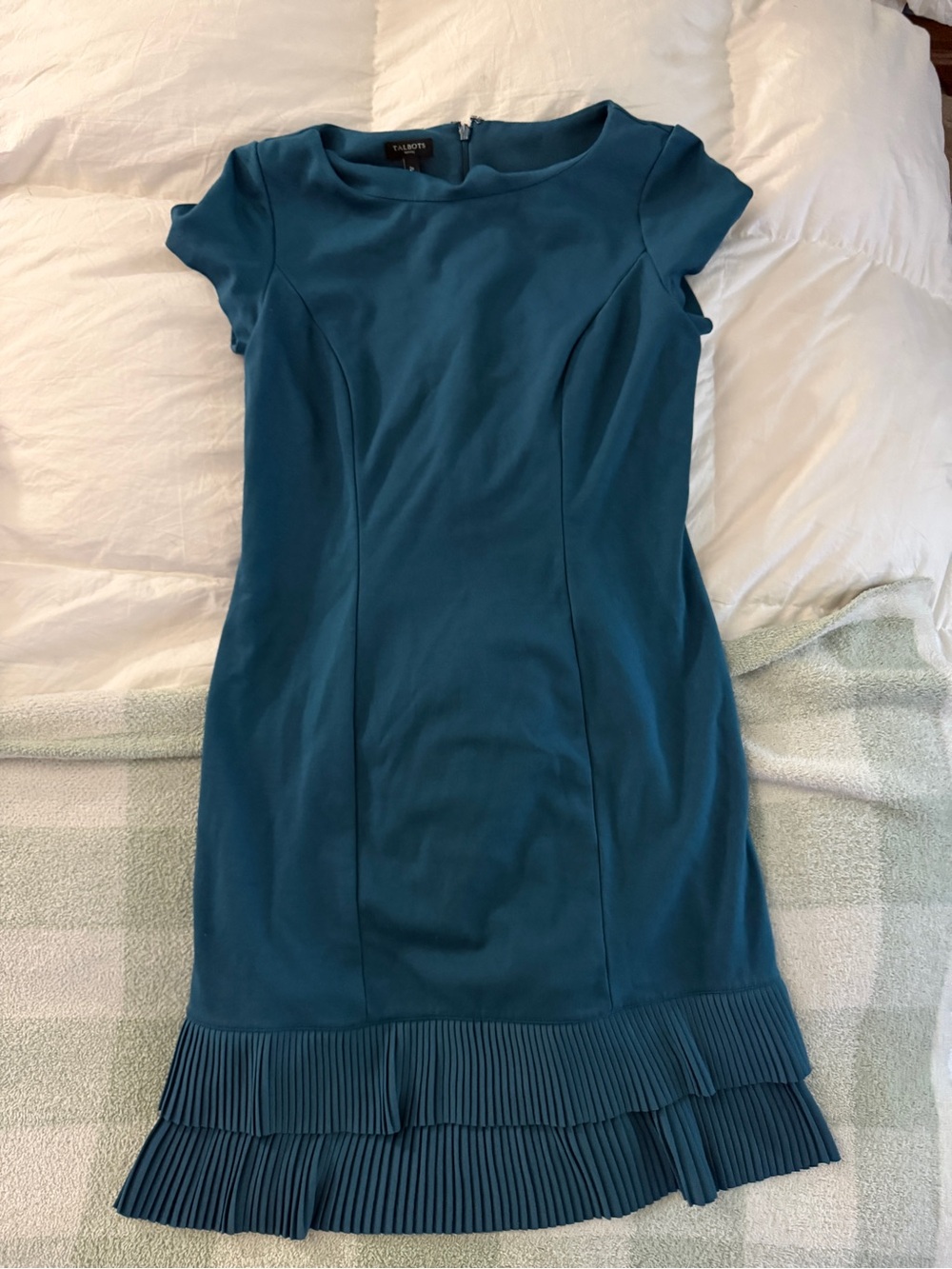 Talbots Teal Cap-Sleeve Sheath Dress with Pleated Hem